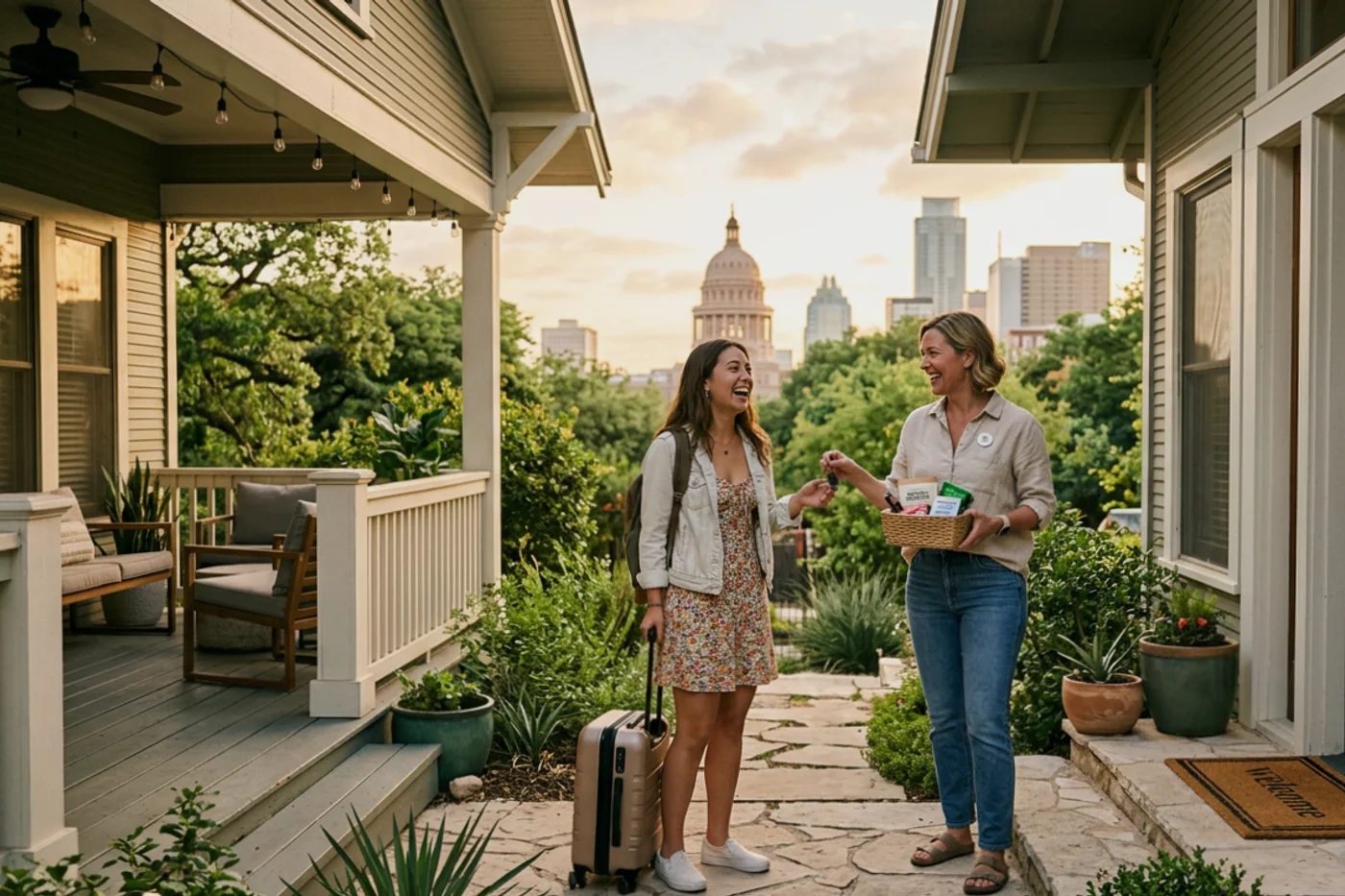 Austin host and guest using organize cleaning airbnb workflow with Texas State Capitol in the background
