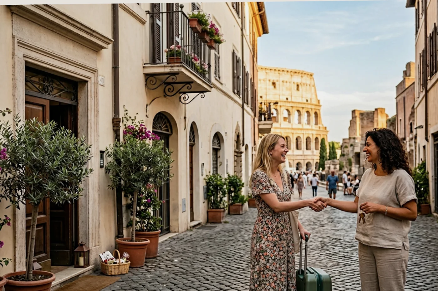 Rome host and guest using sync airbnb booking calendar workflow with Colosseum and Roman streets in the background
