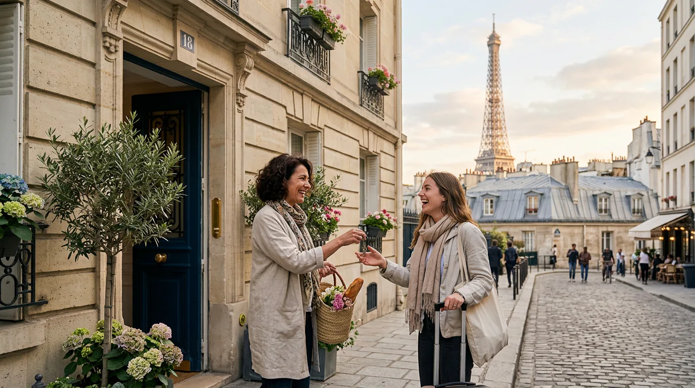 Happy host and guest in Paris with Eiffel Tower and Parisian rooftops in the background